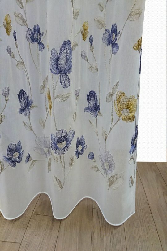 青＆山吹色＆白＆花模様のプレミアムレースカーテン