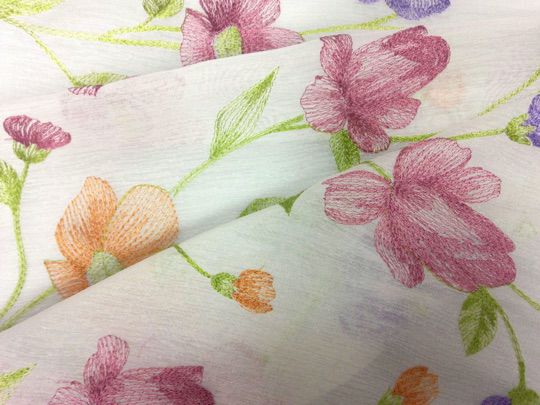 ピンク＆オレンジ＆紫＆花模様のプレミアムレースカーテン