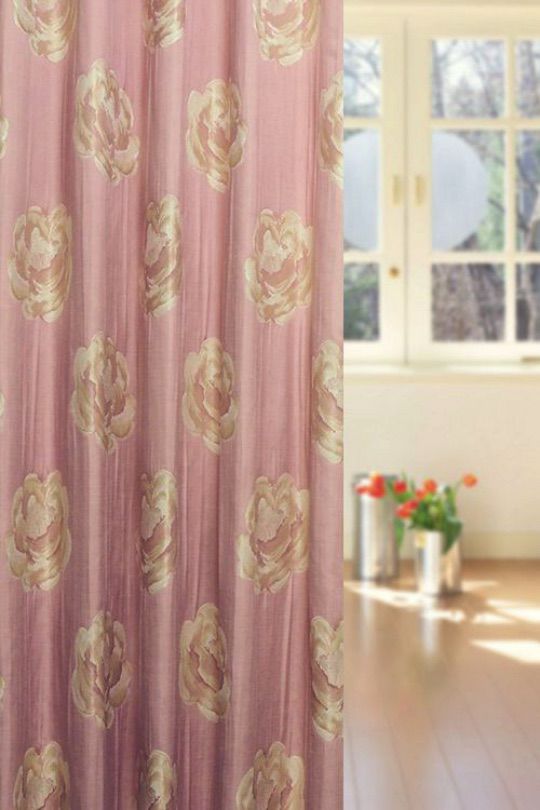 ピンク＆クリーム＆黄金色＆大柄花模様の風通ジャカード織カーテン
